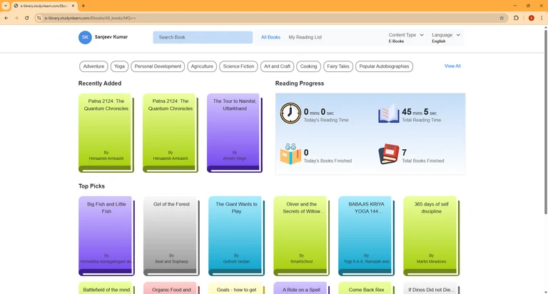Study'n'Learn Digital Library e-books dashboard showing recently added titles, top picks and reading progress
