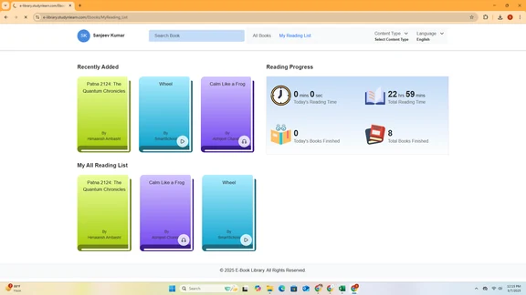 Study'n'Learn Digital Library My Reading List screen with total reading time and books finished