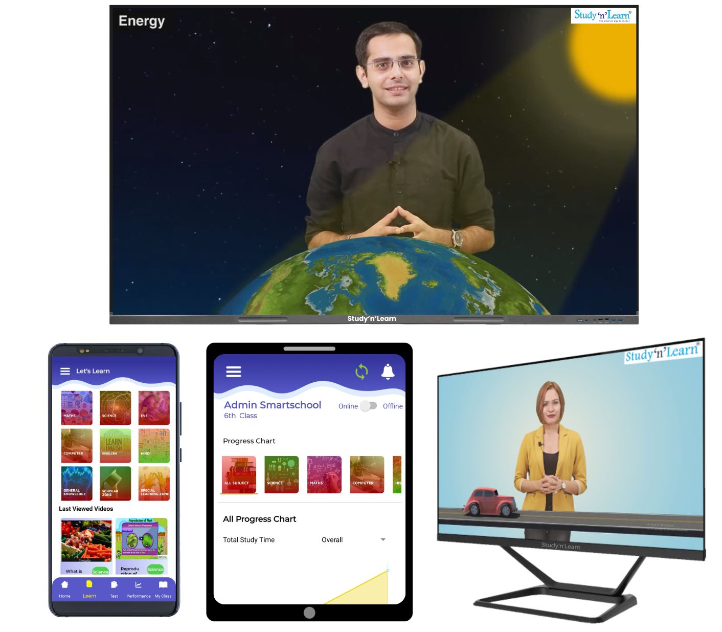 Study'n'Learn K-12 content running on an Interactive Flat Panel, tablet, phone and desktop monitor